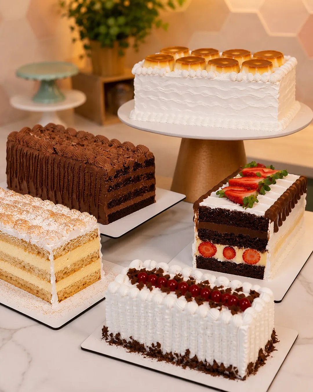 Mesa de festival con varias tortas de distintos sabores